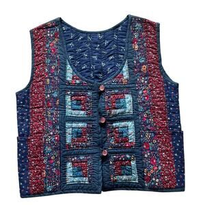 Quilted Handmade Floral Patchwork Vest Size S/M Vintage Blue pink buttons Unisex